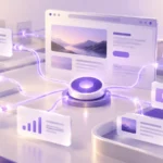 Interfaces de dados e tarefas conectadas em tons roxos para ilustrar agentes de IA no website