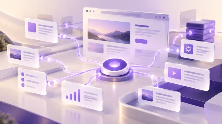 Interfaces de dados e tarefas conectadas em tons roxos para ilustrar agentes de IA no website
