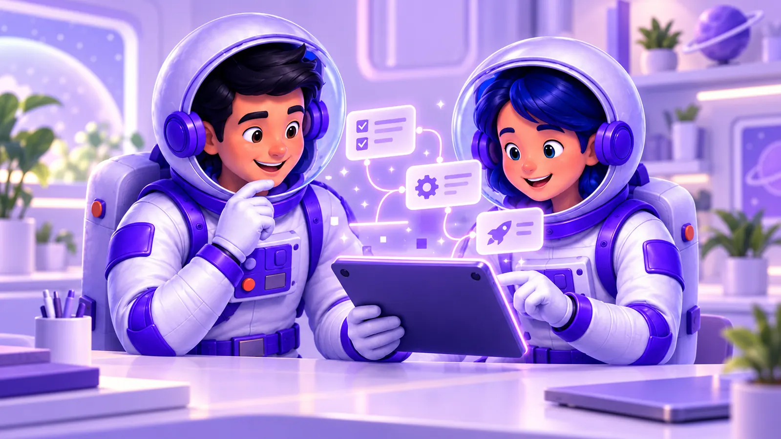 João e Mariana analisam um fluxo de tarefas de IA numa ilustração UniversoWeb