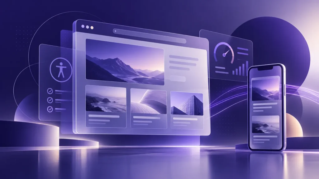 Website responsivo em computador e telemóvel com elementos de desempenho e acessibilidade