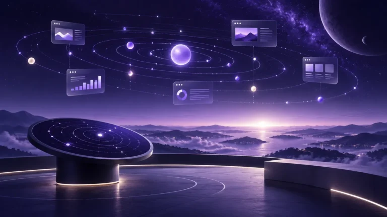 Observatório digital com órbitas e sinais de tendências tecnológicas em roxo