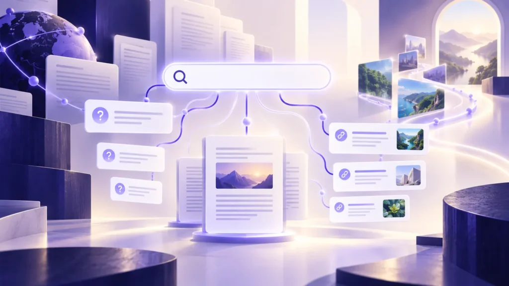 Pesquisa digital ligada a documentos, perguntas e fontes fiáveis em tons lilás