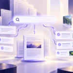 Pesquisa digital ligada a documentos, perguntas e fontes fiáveis em tons lilás