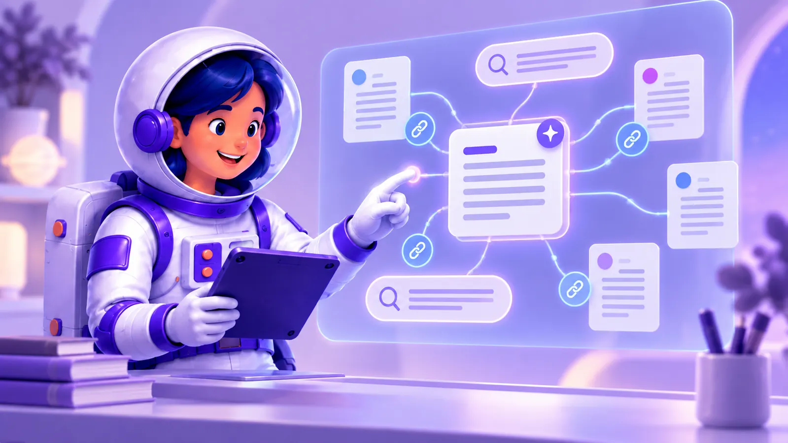 Mariana organiza perguntas, fontes e ligações para um artigo de SEO da UniversoWeb