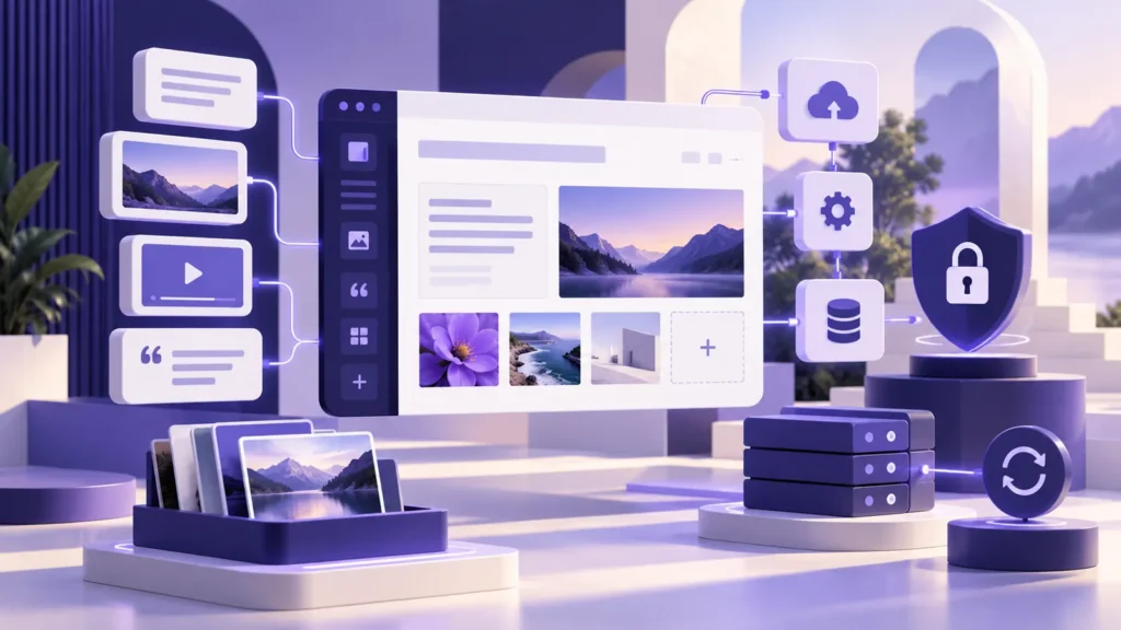 Editor modular de conteúdos, biblioteca de imagens e símbolos de atualização segura