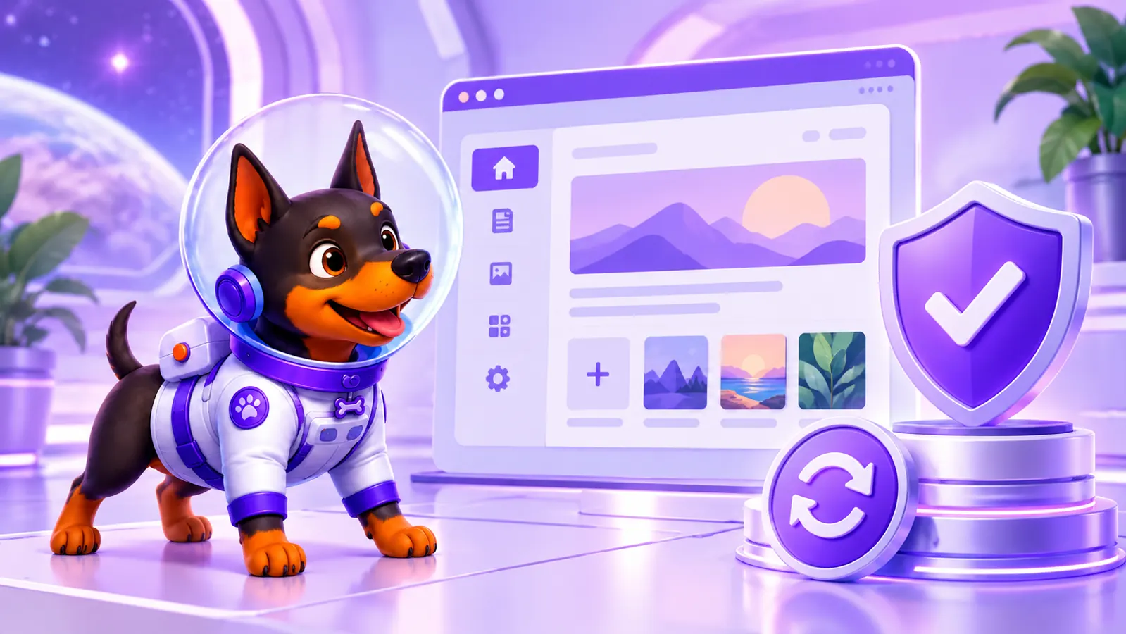 Fred, mascote da UniversoWeb, observa uma atualização segura de um site WordPress